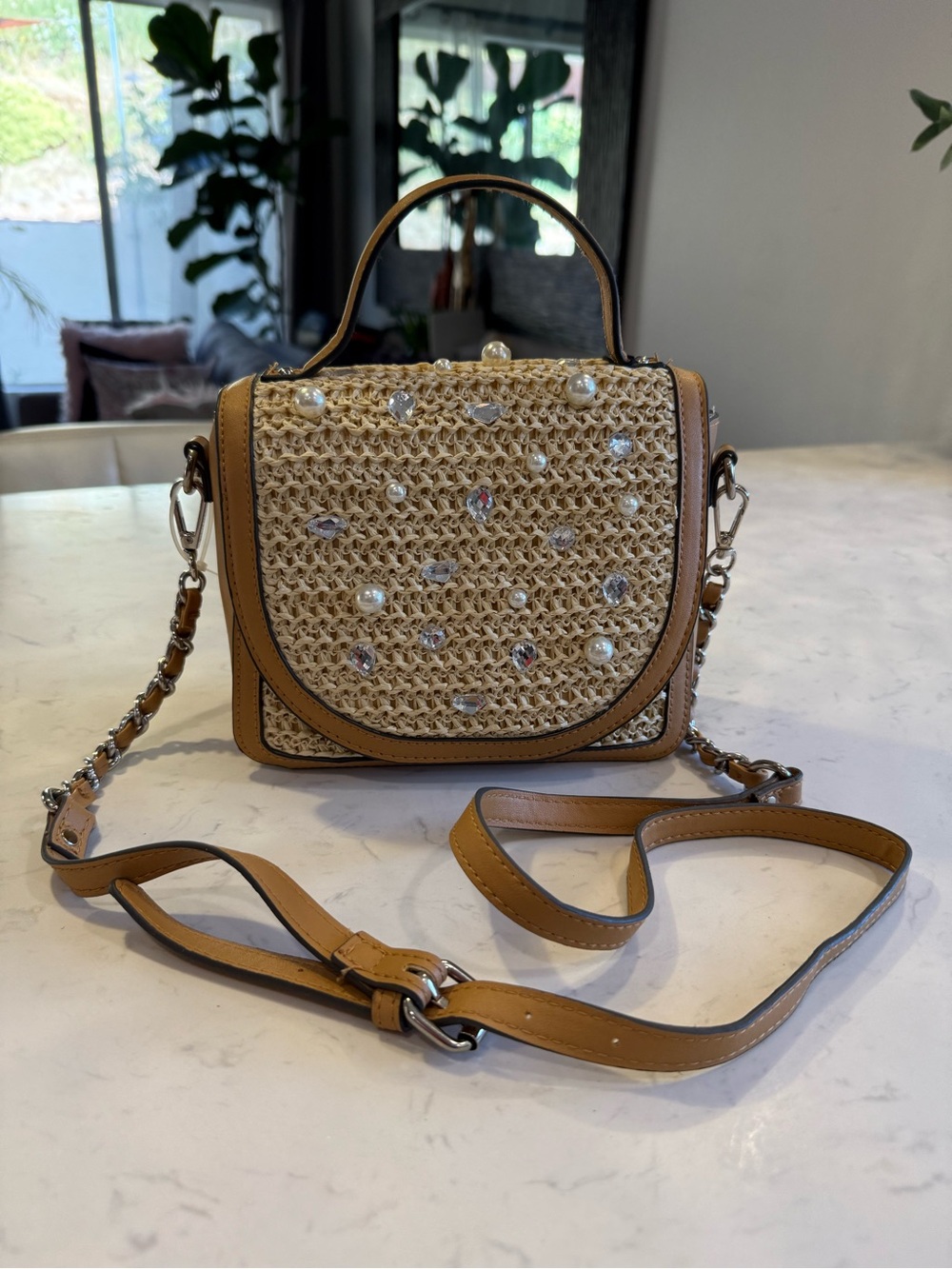 Steve Madden Tan Woven Crossbody with Pearl & Crystal Accents